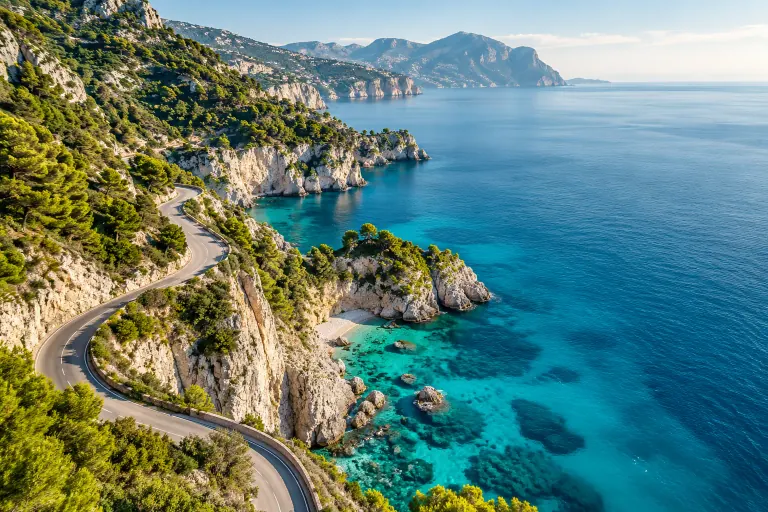 A winding coastal road above clear turquoise water and limestone cliffs