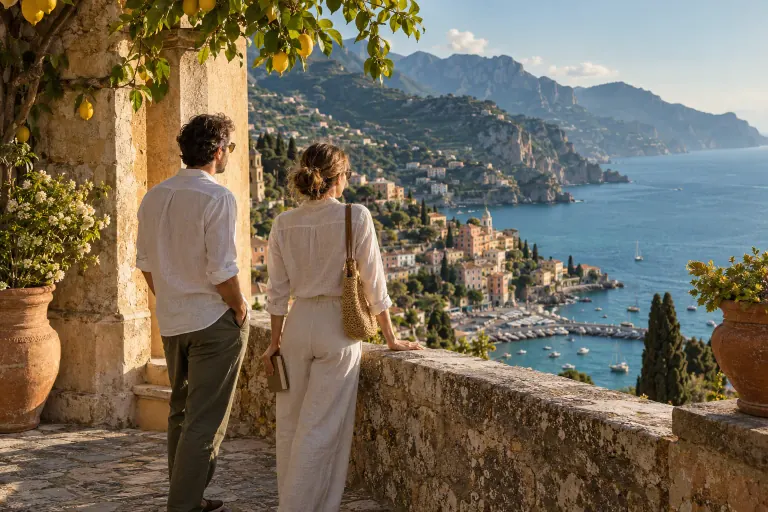 Two travel companions looking out over a coastal town from a stone terrace